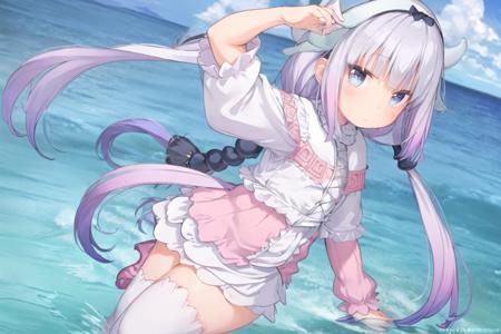 kanna, dragon_girl, <lora:Kanna_v1-000008:0.8>, 1girl, solo, (masterpiece),(best quality), (absurdres),(highres:1.1), outdoors, ocean, beach, horizon, cloudy sky, ((1girl)), hifumi \(blue archive\), (solo), sitting, (panties under pantyhose), white panties, looking at viewer, school uniform, pleated skirt, (halo), low twintails, collarbone, light brown hair, yellow eyes, (black pantyhose:1.2), light smile, blush