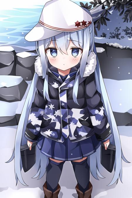 1girl, hibiki, verniy, (at full size), blue hair, long hair, blue eyes, small height, little girl, camouflage coat, ussr fleet cap, school boots, pleated skirt, winter, snowfall, blue sky, ocean, winter ocean, ussr