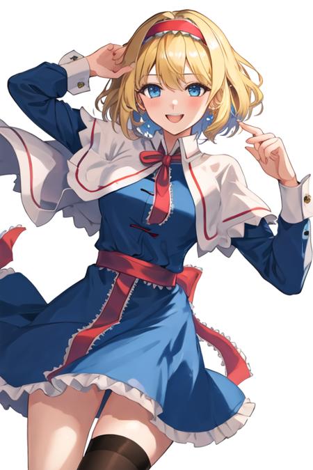 best quality, masterpiece, highres, solo, {alice_margatroid_touhou:1.15}, blonde_hair, short_hair, hairband, blue_eyes, capelet, 1girl, blue_dress, dress, sash, smile, looking_at_viewer, simple_background, open_mouth, white_background, long_sleeves, wrist_cuffs