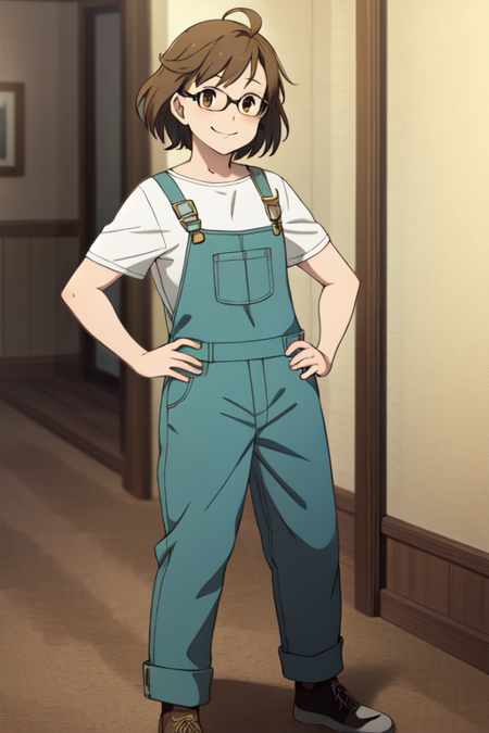 numatamineko, brown eyes, a cartoon drawing of a young feman in blue overalls and goggles, jumpsuit, brown hair, 1girl, solo, glasses, smile, full body, standing, hand on hip, ahoge, closed mouth, medium hair, shoes