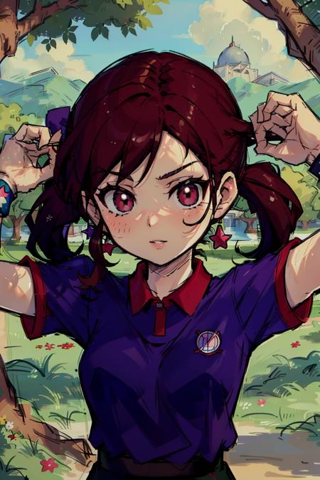 <lora:Plum V21:0.75> plum (mario golf 64), 1girl, solo, brown hair, pigtails, green eyes, smile, dark blue shirt, red collar, red cuffs, 1white_glove, blocking sun with hand, looking into distance, sunny, bright,, fcPortrait_Force_Portrait, portrait, close up, looking at viewer,  portrait,  close up,