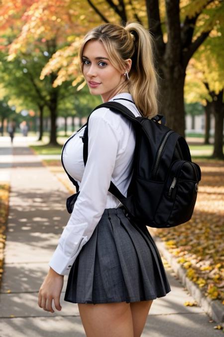 cinematic photograph of a cute college blonde, heavy eyelids, face details, skin texture, intricate details, walking through campus in the fall, loose open white  shirt, very thin waist, hourglass, miniskirt, strong thighs, toned body, lip filler, backpack,, sharp focus, pretty eyes, looking at viewer, oxford, fall leaves, wavy hair, ponytail, very long hair, big hoop earring, gigantic breasts, hanging breasts, busty, school dress,