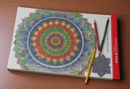 “Prismacolor Scholar” colored pencils (Box of 24), with an open mandala book which has started to be colored, pencils next to the book