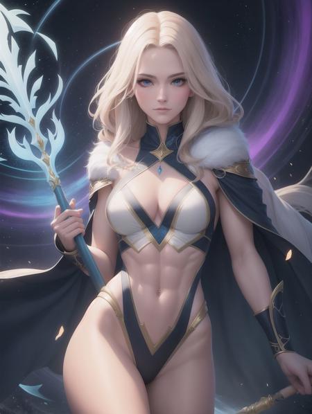 solo, masterpiece, best quality, medium shot of a beautiful female Nordic wizard, holding grand staff, in astral plane, (fully clothed:1.2), toned physique, (detailed skin, diffused skin pores), ethereal, specular lighting