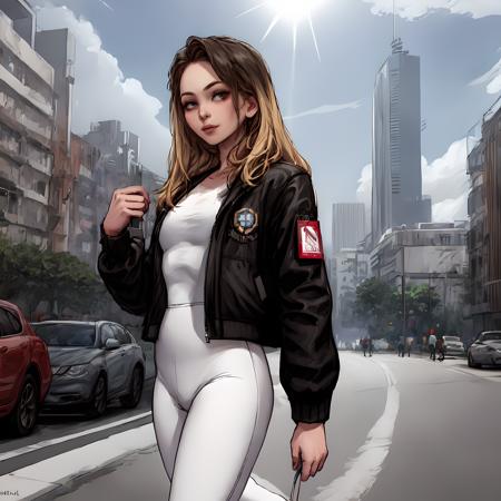 (masterpiece:1.2, best quality:1.2, high resolution) , <lora:Angel_Smalls:1> angel smalls,  ((white leggins)), ((black jacket)), city, sky, sun, sun rays,  shadow,  cars, peoples,  looking at viewer,, <lora:SashaKhmel-10:0.7> <lora:add_detail:0.75>