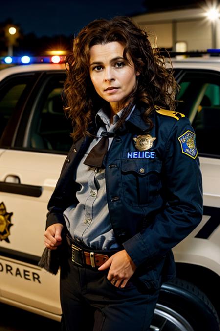 <lora:Helena_Bonham_Carter:1> 1woman, solo, mature hb1873c, , brown_hair, wavy hair, messy hair, policewoman costume ,  parking lot , night