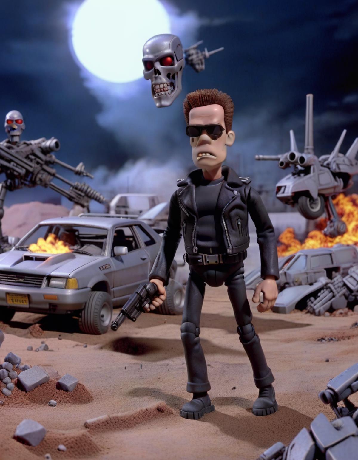 A stop-motion animation of a man in a leather jacket standing in front of a car and other vehicles.