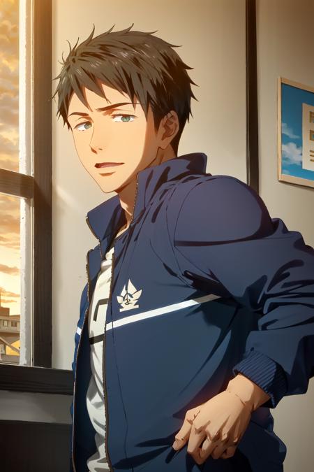 yamazaki sosuke\(free!\), solo, 1boy, looking at viewer, black hair, green eyes, male focus, blue jacket, sunrise, running