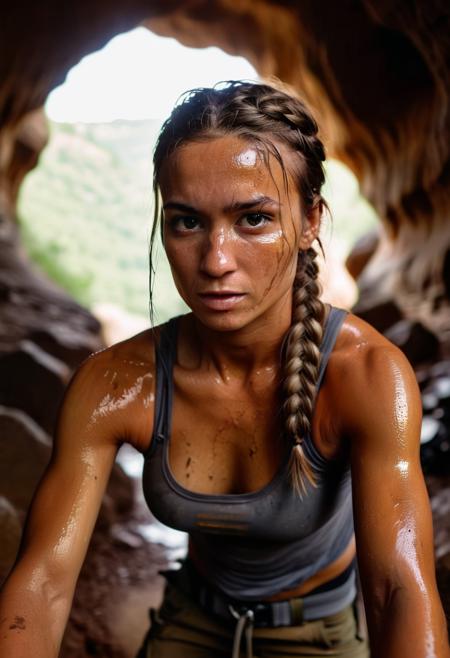 selfie silhouette photograph of (fit:0.7) woman with braided bronze hair, spelunking in a tight cave, crawling, tank top, cargo pants, sweaty, tired, dirty, determined, climbing gear, minimal lighting, damp, UHD, HDR, highly detailed, casting shadow style, silhouette style, perfect eyes