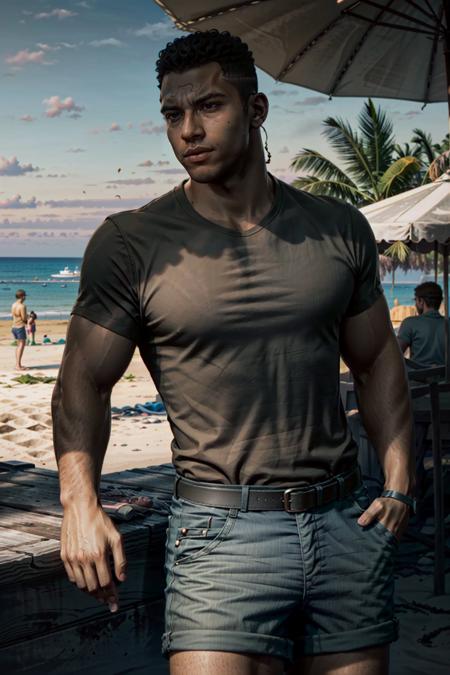 (masterpiece, best quality)
1boy, LincolnM, male focus, dark skin, solo, realistic, at the beach, shorts, cocktail in hand
<lora:epi_noiseoffset2:1>,  <lora:add_detail:0.5>,   <lora:LincolnM:0.8>