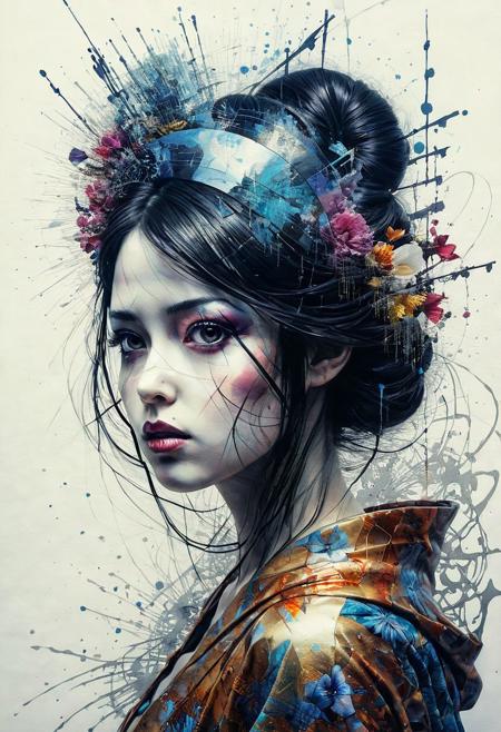 anime style, mysterious silhouette geisha woman, by Minjae Lee, Carne Griffiths, Emily Kell, Steve McCurry, Geoffroy Thoorens, Aaron Horkey, Jordan Grimmer, Greg Rutkowski, amazing depth, double exposure, surreal, geometric patterns, intricately detailed, bokeh,  perfect balanced, deep fine borders, artistic photorealism , smooth,  great masterwork by head of prompt engineering   <lora:add-detail-xl:2>  <lora:xl_shuimo:0.7> ink wash painting <lora:Cute_Drawing:0.55>  <lora:hyperkraximalism_v1-1:0.25>