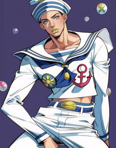 <lora:add_detail:0.87> perfect face, yellow lips, parted lips, masterpiece, best quality, 1boy, 19 years old, gappyjojo, full body, hat, looking at viewer, solo, detailed background, detailed face, sailor, bright lighting, male focus, bubbles, belt, pants, anime, araki hirohiko (style), 
 <lora:gappy:1>