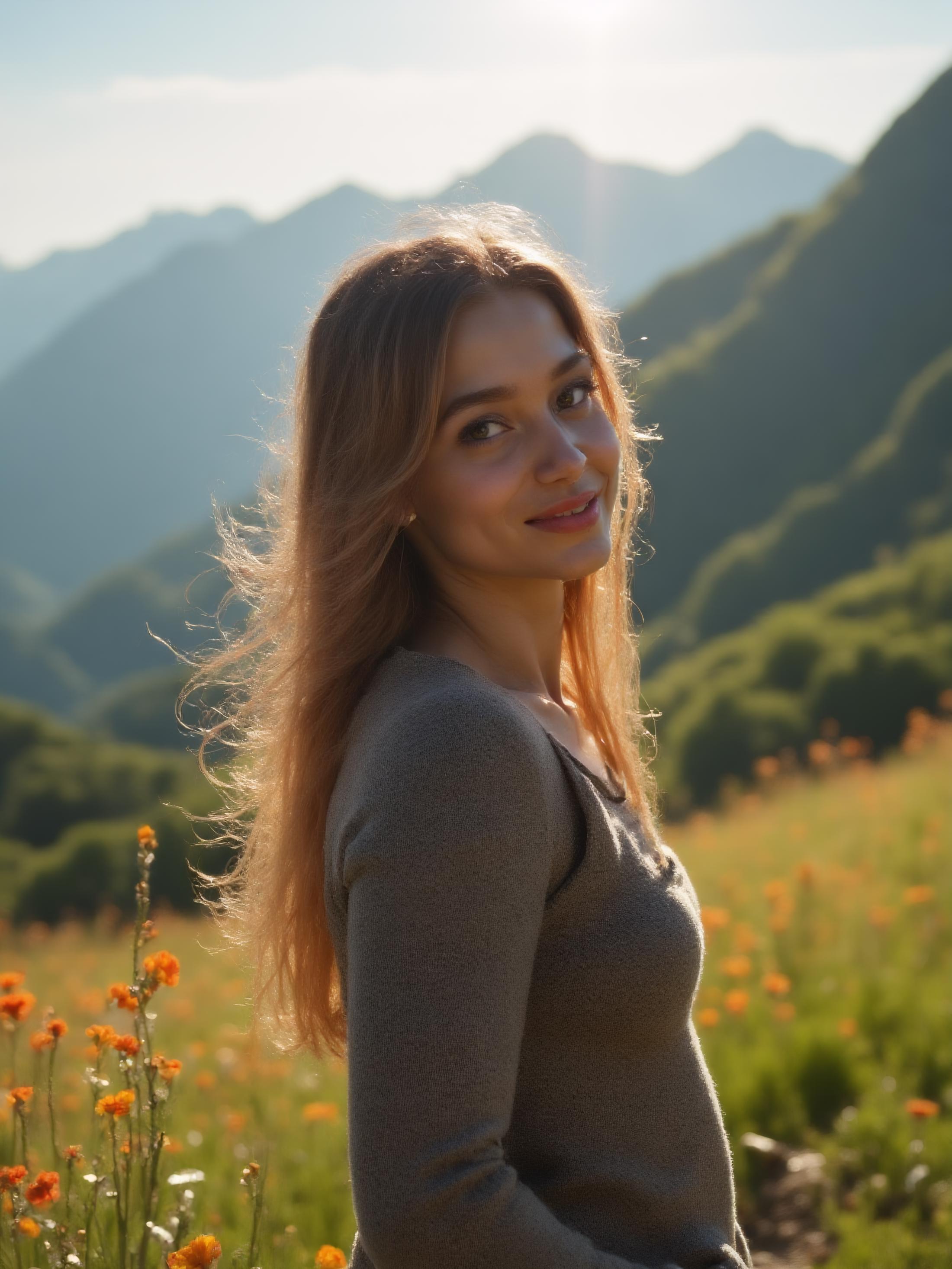 a beautiful scandinavian girl posing in the mountains, the sun is shining, the grass is green and flowers are everywhere