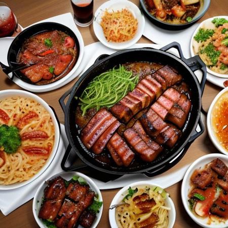A sizzling Korean BBQ spread with thinly sliced beef, pork belly, and marinated short ribs, all grilled to perfection. The table is filled with various side dishes (banchan), including kimchi, pickled vegetables, and steamed rice. The scene captures the lively atmosphere of a Korean BBQ restaurant with friends sharing food.