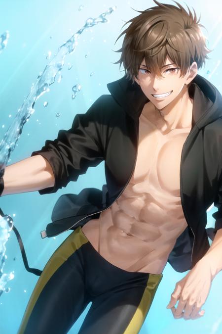 kirishima natsuya\(free!\), solo, 1boy, ;D, hair between eyes, looking at viewer, brown eyes,  brown hair, male focus, grin, male face, black jacket, two-tone bodysuit, black bodusuit, yellow bodysuit, topless male, open clothes, open jacket,  navel, toned, toned male, water