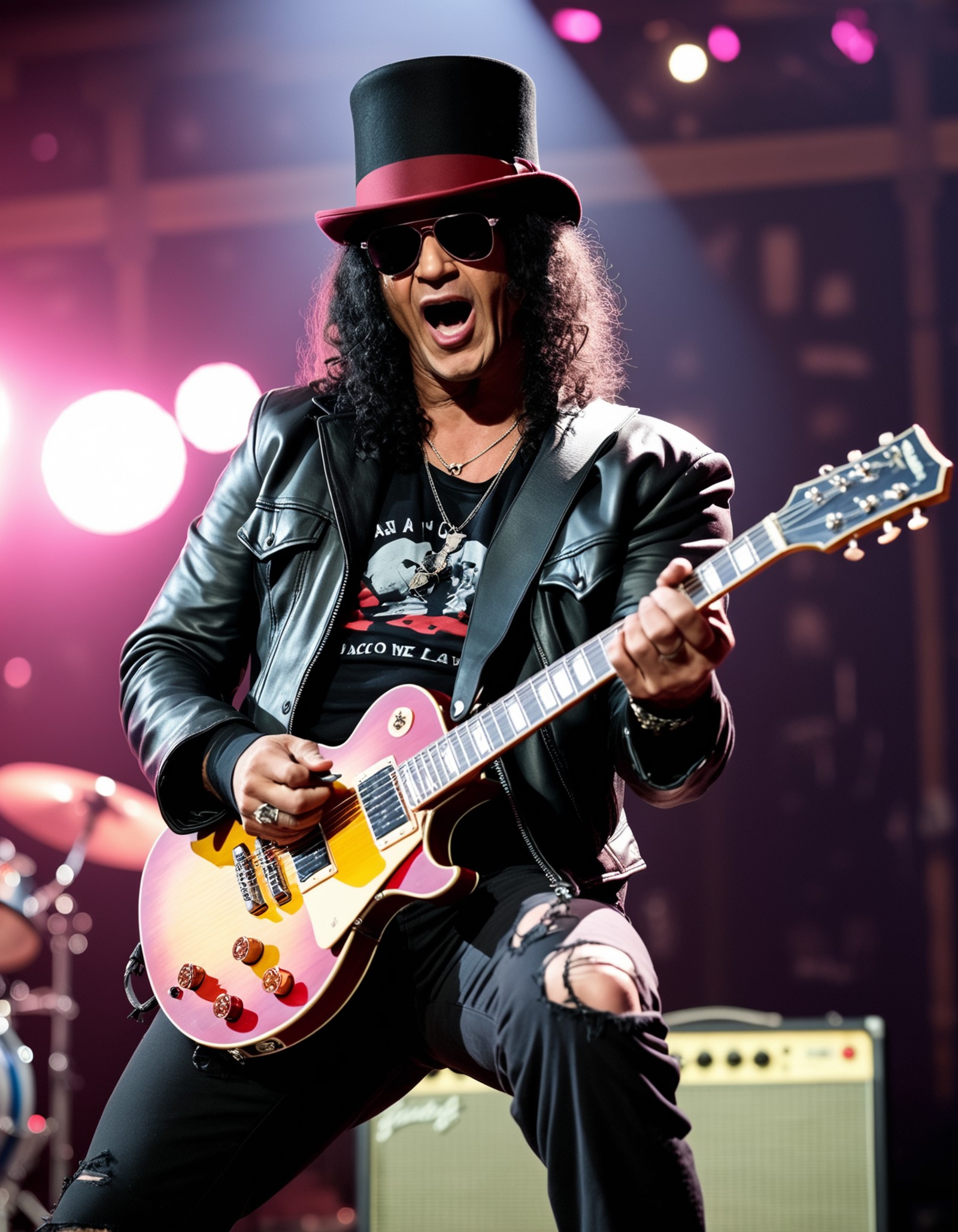 Slash, wearing a black jacket with red and white text, a black tophat, black sunglasses, and a graphic T-shirt, passionate...