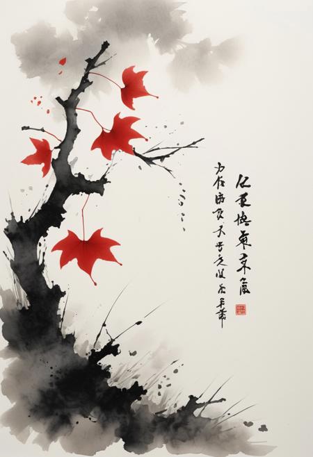 Poetic sumi-e with meticulously rendered gingko leaves cascading across washi paper, embodying the concept of mono no aware. The traditional ink wash technique creates a gradient from deep black to misty gray, with negative space suggesting autumn wind. red leaf accents catch imaginary light, while asymmetrical composition draws the eye through bold brush strokes and delicate detailing. Minimal red seal marks anchor the lower corner, balanced by calligraphic kanji suggesting impermanence. The scattered leaves display deliberate imperfections celebrating wabi-sabi principles, some rendered with a single masterful brushstroke, others with textural dry-brush technique. Subtle indigo undertones evoke twilight transitioning to evening, capturing the melancholic beauty of nature's transitional moments through the philosophical lens of yugen. <lora:aidmaFLUXPro1.1-FLUX-v0.3> <lora:ck-charcoal-drawing-000014> <lora:Niji B> <lora:bm-goth_epoch_1> <lora:flux_ptchkrawk> <lora:flux_dev>
