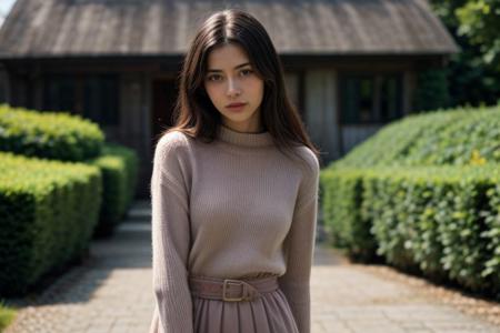 35mm film, one pretty european young woman, solo, supermodel, brown hair, long wavy hair, pale skin, slim eyebrows, no eyebags, perfect face, small nose, blue big eyes, symmetric rose light red lips, big tits, nice breasts, cleavage, necklace, jewelry, blue coloured elegant lace dress with a belt, looking at viewer, slightly smiling, a breath taking flower garden view behind, countryside romantic landscape, panoramic views of majestic and sweeping flower blooming fields, cottage house, summer garden, summer house, natural light, full body, epiCPhoto, <lora:pytorch_lora_weights:0.5>, <lora:picxer_real:0.7>, <lora:FilmVelvia3:0.3>, <lora:more_details:0.6>