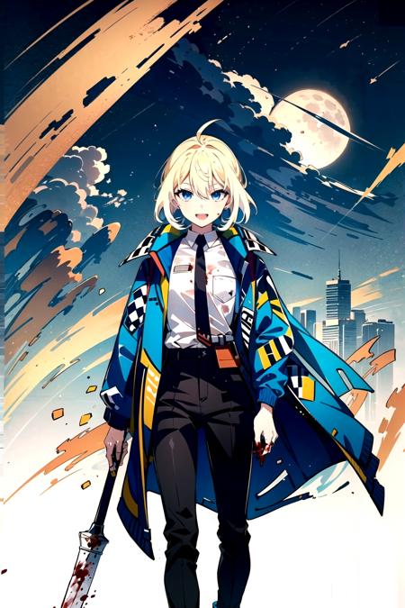 1girl, <lora:planya_v2-13:0.55>, planya, blue eyes, short hair, blonde hair, ahoge, hair between eyes, black coat, black pants, blood, blood on clothes, blood on face, blood on hands, coat, collared shirt, high-waist pants, holding, holding polearm, holding weapon, lance, limbus company, long sleeves, necktie, open mouth, pants, polearm, project moon, red necktie, remsrar, shirt, shirt tucked in, smile, solo, speech bubble, spoken exclamation mark, sticker, two-sided coat, weapon, white shirt