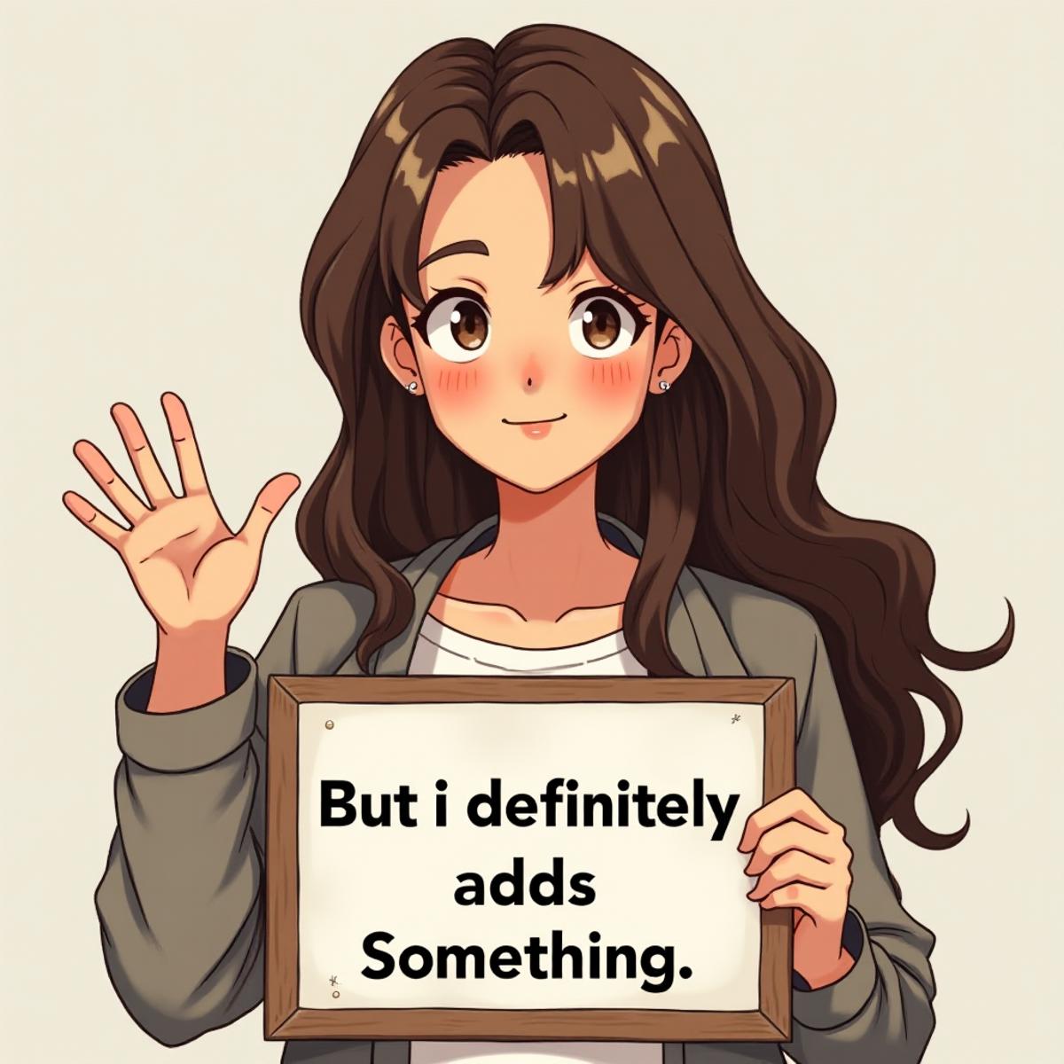 (1girl, mature female, portrait, long hair, brown hair, waving,:1.3) 

she is holding a sign with the text "But it definitely adds something" 