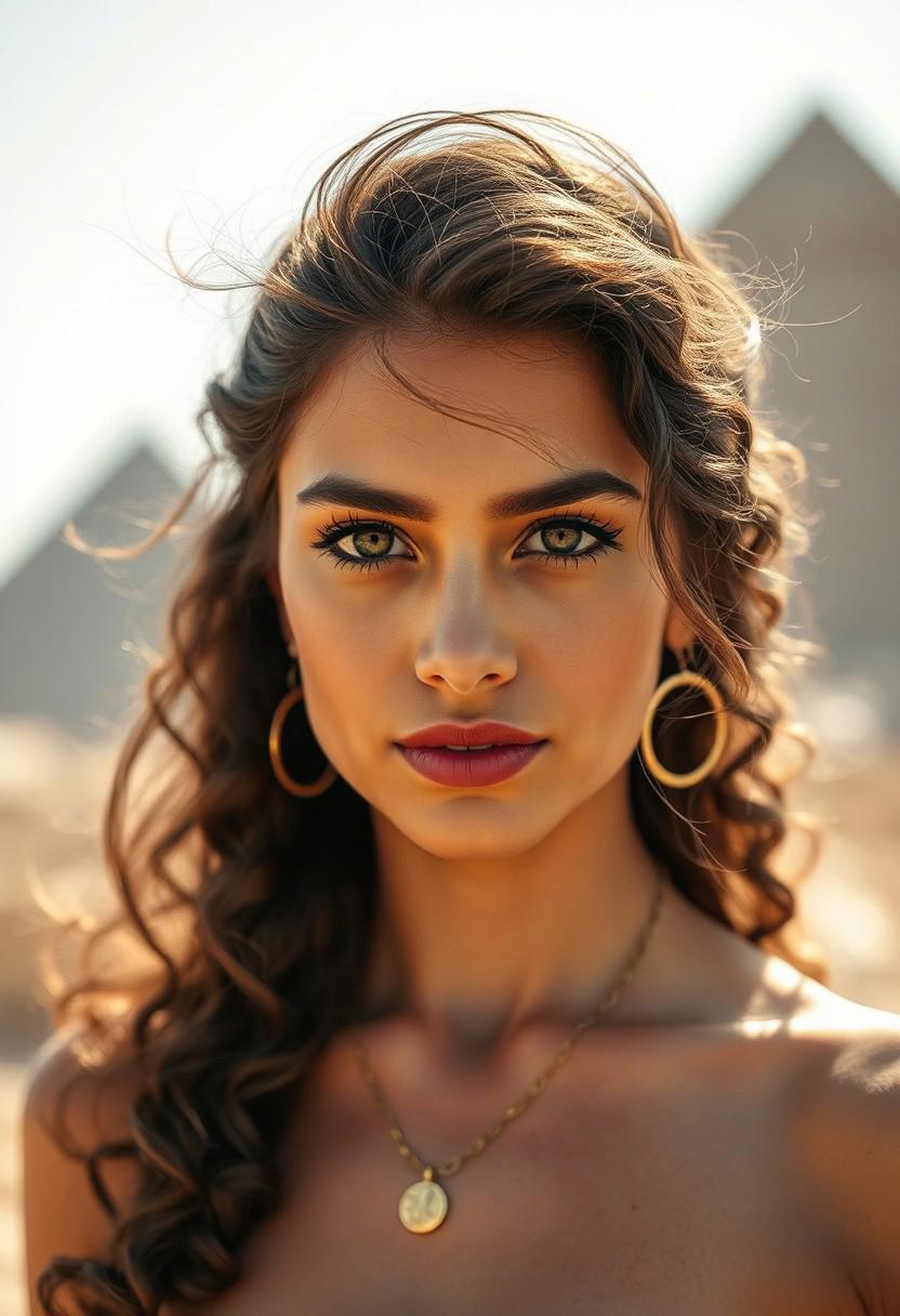 A young, cute adorable sexy egyptian woman with a mysterious aura, expressive eyes, mascara, and natural makeup. She has a cute long brown curly hair. Hair moved by strong breeze, She is wearing stylish gold necklace and Crescent earrings, which add subtle mystery to her look. Photo is taken outdoors, with midday sunlight. background is a blurred, on top of the pyramids, creating a beautiful bokeh effect. Camera, Sony A7R IV 85mm f/1.4 prime lens Aperture, f/1.4 to achieve a shallow depth of field, ensuring the background is beautifully blurred while keeping the subject's facial features in sharp focus Shutter Speed, 1/300 seconds to freeze any slight movements and maintain sharpness ISO 300, to keep noise to a minimum Focus on eyes to ensure they are the sharpest part of image White Balance Set to 'sunlight' to maintain the vibrant day light. Close-up shot, framing face and bare shoulders. Position the subject slightly off-center using rule of thirds to create a more dynamic composition. Eye-level angle to create a connection between subject and viewer Enhance bright vibrant tones and slightly boost the saturation of background to make the colors pop. Apply selective sharpening to eyes and lips to draw attention to these features, extremely detailed skin texture with skin imperfections and vellus hairs