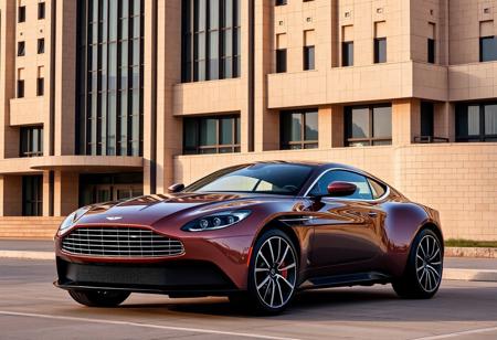 A picture of Aston Martin Lagonda Vignale yfg-sde against the backdrop of a retro-futuristic building in the style of the thirties of the twentieth century. Perpendicular shot from the side.