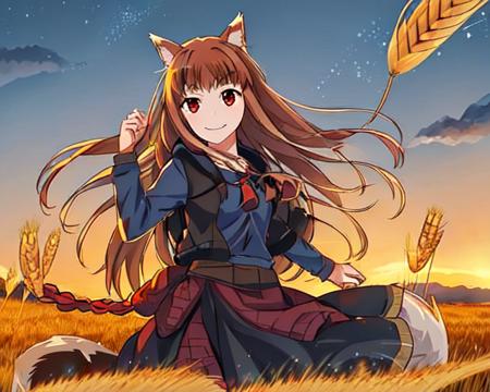 1girl, animal_ears, brown_hair, field, wheat_field, night, explosion, fire, holo, long_hair, mountain, dark_sky, outdoors, pouch, red_eyes, sky, smile, solo, sun, moon, twilight, wheat, wolf_ears, wolf_girl, wolf_tail,  <lora:swholo:0.8>