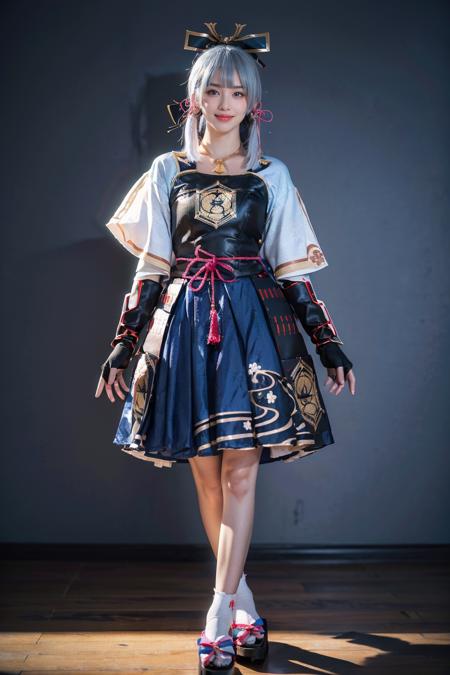 best quality, masterpiece, photorealistic, 1girl, solo, standing, full body, looking at viewer, smile, closed mouth, bangs, kamisato cosplay costume, cosplay, light blue hair, long hair, ponytail, hair ornament, ribbon, hair ribbon, japanese clothes, armored dress, japanese armor, arm guards, fingerless gloves, tabi, tress ribbon, sandals, tassel, simple background, <lora:genshin_Kamisato_cosplay_v1:0.7>