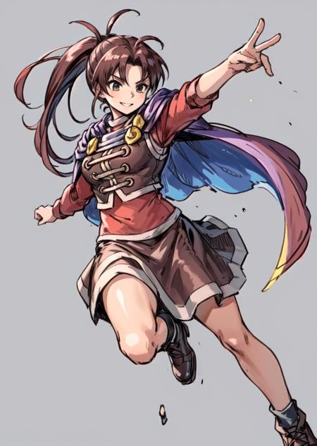 masterpiece, best quality, jenna, ponytail, purple cape, vest, red shirt, brown skirt, shoes, action pose, furrowed brow, smile, simple background, blue background <lora:jenna-nvwls-v1-000012:0.9>