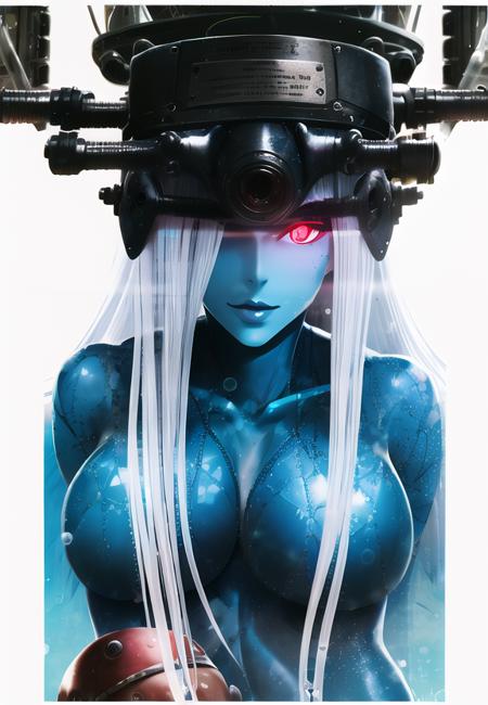 jenova a_nude_feminine_entity, blue_skin, long_grey_hair, hair_parted_down_the_middle, one_glowing_red_eye,   solo, 1girl, (voluptuous), ((helmet, name_plate_on_helmet)):4, long_hair, very_long_hair, hair_over_one_eye, alien, biopunk, breasts, nude, completely_nude, navel, huge_breasts, collarbone, naked, sweat, shiny_skin, bare_sholder, blue_skin, body_horror, colored_skin, english_text, long_hair, red_eyes, tube, white_hair, air_bubble, bubble, cable, glowing, glowing_eyes, in_container, lips, smile, submerged, underwater, water, purple_lips, 