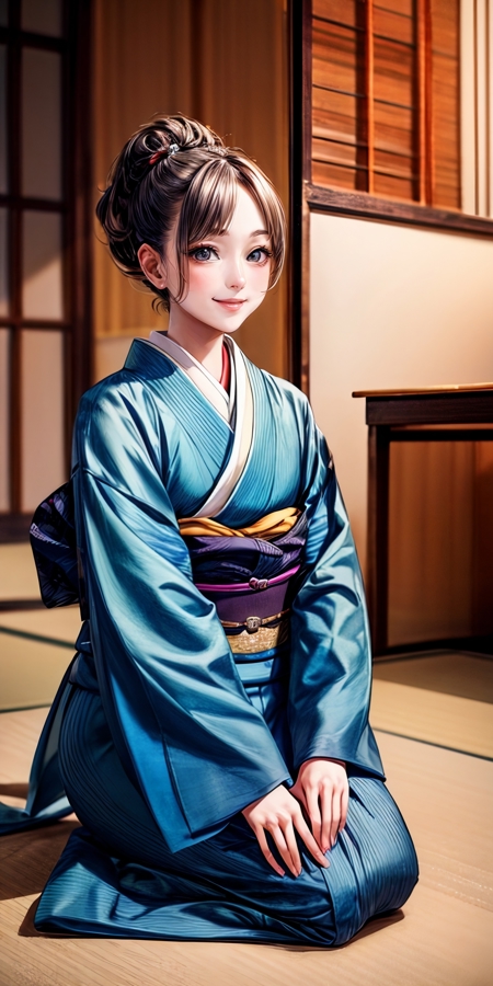 zarei, solo,  japanese clothes,kimono, sitting,seiza,smile