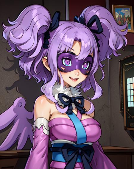 ceefore, eyemask, purple hair,  twintails,  eye covered, 
fingerless gloves, wings , pink kimono, black pantyhose,  hair ribbon  detached sleeves,  bare shoulders, 
standing, upper body, 
smile,
casino, 
(insanely detailed, beautiful detailed face, masterpiece, beautiful detailed eyes, best quality),
 <lora:ceefore:0.8>