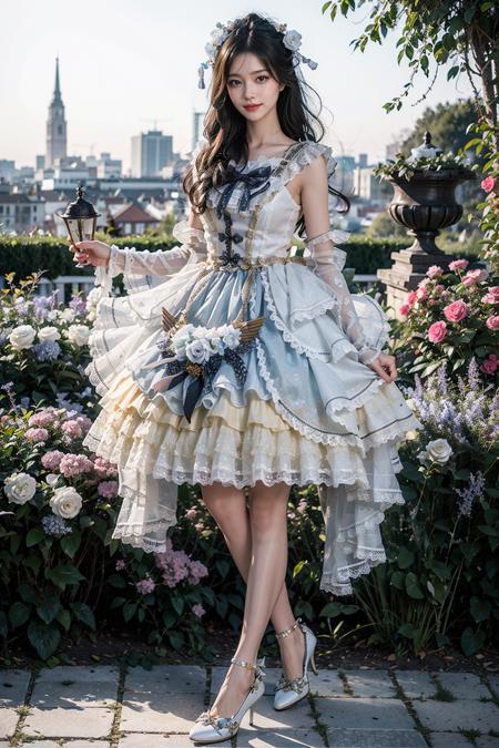 best quality, quality, masterpiece, photorealistic, 1girl, solo, long hair, black hair, full body, standing, looking at viewer, smile, lo dress, hair ornament, white pantyhose, high heels, detailed background, in garden, flower, <lora:lo_dress_vol2_style5_v1:0.65>