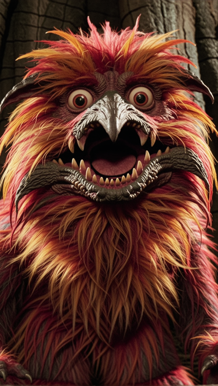 l4byr1nth cinematic,
solo, looking at viewer, bird-like monster, open mouth, beak,
fangs, sharp teeth, furry,
<lora:labyrinth-SDXL-v1:1>