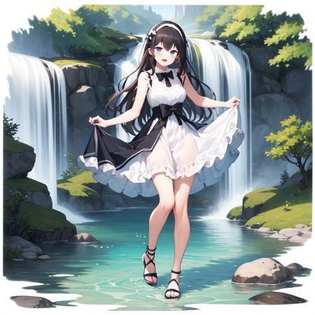 (masterpiece), (best quality),white background, a girl in a white dress is walking by a waterfall and waterfall falls, lihuifa_style, full body, waterfall, standing, 1woman, tree, skirt_hold, dress, black_hair, solo, wading, plant, river, long_hair, rock, lake, blue_eyes, pond, outdoors, soaking_feet, palm_tree, branch, nature, day, stream, open_mouth, white_dress, additional space, water, long hair, black hair, white dress, skirt hold, blue eyes, open mouth, black bow, bird, bangs, looking at viewer, bow, smile, black footwear, bare shoulders, sandals, blush, hairband, black bowtie, bowtie, :d, frills, breasts, frilled dress, white hairband, sleeveless dress, sleeveless, clothing cutout, bare legs, toeless footwear, shoulder cutout, toes, short sleeves, collared dress, sidelocks, standing on one leg, see-through <lora:lihuifa_loha2.0:0.6>