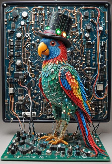 embedding:lazmpos, Transistors, pcb_style, LED, colorful LED lights, RGB lights, red green and blue parrot, art deco, top hat, cane, monocle,RetroBG