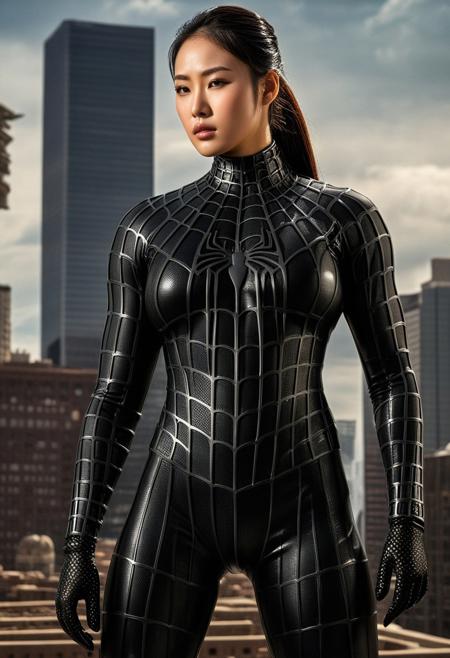 score_9, score_8_up, score_7_up, best quality, realistic, masterpiece, beautiful detail, hyperrealistic, afternoon sky, ((1girl, woman body, big breasts)), amazing detailed full body portrait of a beautiful korean girl, wearing a realistic and highly detailed black raimi spider-man suit, ((huge muscular girl)), professional model wears ultra - detailed black raimi spider - man suit, ultra - detailed and grained black raimi spiderman suit, suit covered entire body and hand, black spiderman gloves, wet, (spread leg), (full body), (dirty skin), close up, octane render, highly detailed, volumetric, dramatic lighting, (highest quality:1.1), (HDR:1.3), (top quality, best quality), realistic, high definition, Expressionism - sharp focus, professional photography, masterpiece, ultra detailed photograph, high quality, 8k,