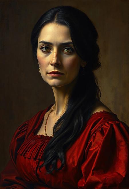 (masterpiece), (Rembrandt style:1.3), iconic portrait of a pretty mature woman, realistic, highly detailed, mysterious expression, black hair, wearing a red summer cotton dress. (Baroque style), chiaroscuro lighting, subtle shadows, soft textures, classic oil painting style, flat lighting, old master techniques, elegant posture, warm and rich color palette, enigmatic and introspective mood, traditional portrait composition, 8k, photorealistic, fine art.