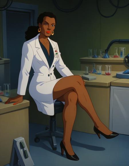 xlanax, black hair, curly hair,  ponytail, black eyes, dark-skinned female, lipstick, very dark skin earrings, labcoat, high heels