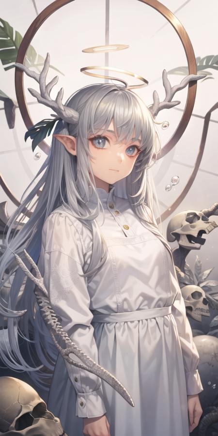 1girl, angel wings, antlers, bow, bubble, bug, butterfly, crack, crystal, dress, feathered wings, fishnets, flower, grey eyes, grey hair, halo, insect, leaf, long hair, long sleeves, looking at viewer, mushroom, plant, single wing, skull, solo, spine, tentacles, upper body, white bow, white butterfly, white dress, wings, white theme, bone, bangs, animal,  closed mouth, white flower, deer, animal skull, white hair,<lora:mina_loha_v1a:1>