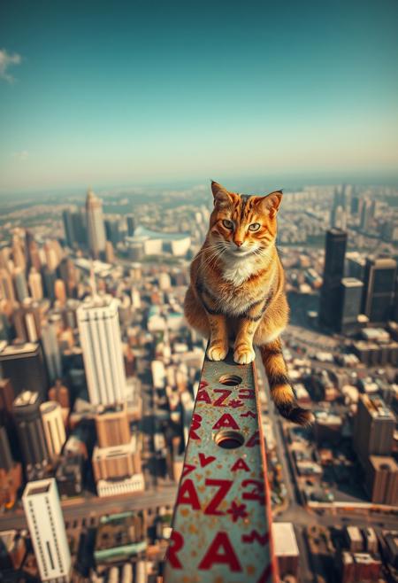 (Soft Lighting Photography by Mimoza Veliu and Mario Giacomelli:1.2), NSFW, a cat sitting confidently on a steel beam high above a bustling cityscape. The cat is relaxed yet confident, with one leg dangling off the beam and the other bent, resting on the steel. The backdrop features a stunning aerial view of the city below, with skyscrapers and urban sprawl stretching into the horizon. The lighting is natural and golden, capturing the warmth of the sun reflecting off the steel and the soft haze of the city atmosphere. The image blends nostalgia with contemporary style, creating a striking and empowering visual.
