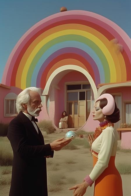 <lora:Alejandro Jodorowsky Style:1>Alejandro Jodorowsky Style - moovie scene where property manager selling the rainbow moon to housewife