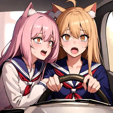 absurdres, highres, ultra detailed,
2girls, cat girl, cat ears, fang, steering wheel, car, front view, serafuku, school uniform,
constricted pupils,  sweatdrop,  open mouth,  sweat, teeth, tears,
<lyco:envybetterhandsLocon_beta2:1.0>perfect hands,<lora:kobeni_car_meme_v01l_C3_prodigy5:1>