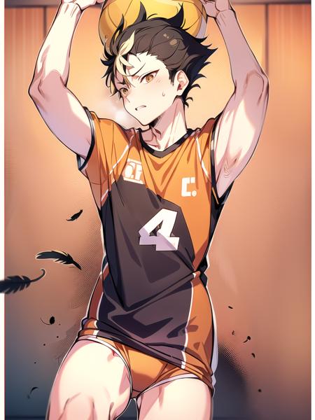 <lora:YuuNishinoya:0.6> Yuu Nishinoya ,  masterpiece, best quality, ((1man)). ((aged up)), haikyuu!! nishinoya_yuu highres ,ball black_hair (blonde_hair) brown_eyes clothes_writing,  feathers footprints karasuno_volleyball_uniform male_focus multicolored_hair orange_shirt parted_lips playing_sports shirt short_hair solo (streaked_hair) sweat two-tone_hair upper_body volleyball (volleyball_uniform)  (volleyball court)