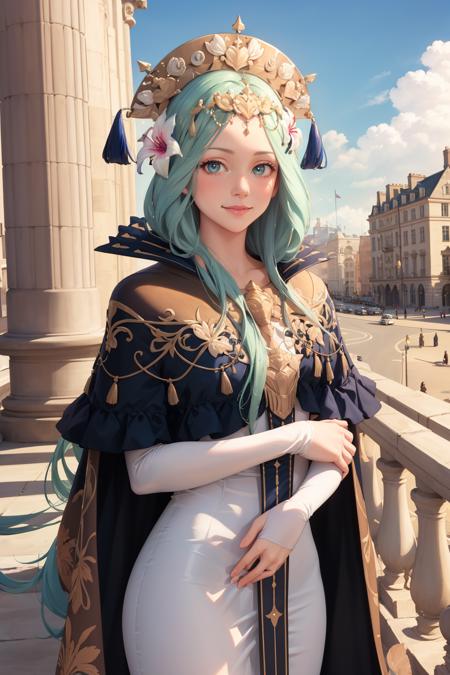 masterpiece, best quality, defRhea, headdress, hair flower, tiara, cape, long white dress, upper body, looking at viewer, smile, marble arch, bannisters, white stone architecture, sky <lora:rhea-nvwls-v3-000009:0.9>