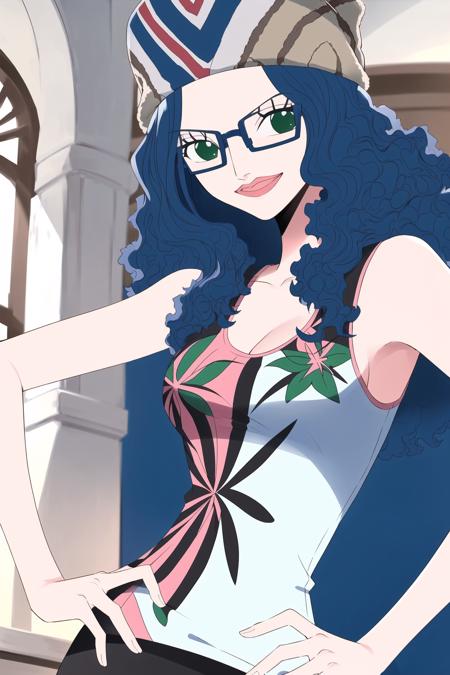 (masterpiece), (best quality), zala_onepiece, 1girl, solo, long hair, breasts, smile, large breasts, curly hair, hat, cleavage, medium breasts, green eyes, blue hair, glasses, hand on hip, tank top, lipstick