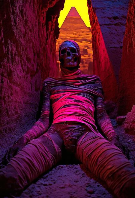 undead mummy wrapped in ancient bandages, awakening in a buried pyramid
silhouette ,
in the style of the decaying empire of Wrstreich, dark magic and grotesque creatures abound, inspired by Sean Aaberg's punk aesthetic, dark fantasy world combines grim landscapes with vibrant, exaggerated neon colorful art, old 80's VHS dark fantasy, VHS screen grab, grainy, old footage