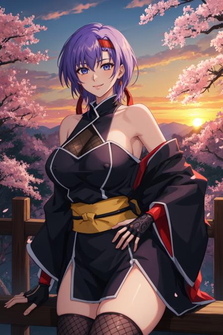 (high quality:1.2), intricate detailed, digital art,
(Hotaru:1.1), 1girl, solo, sitting on fence, hand on own stomach, cowboy shot,
looking at viewer, determined, smile,
purple hair, short hair, blue eyes, forehead, (headband:1.1), 
ninja, short kimono, off shoulder, turtleneck, (fingerless gloves:1.1), sash, thighhighs, fishnets,
large breasts, curvy,
outdoors, east asian architecture, japanese garden, day, cherry blossoms, sky, sunset, complex background,
 <lora:Hotaru:0.9>