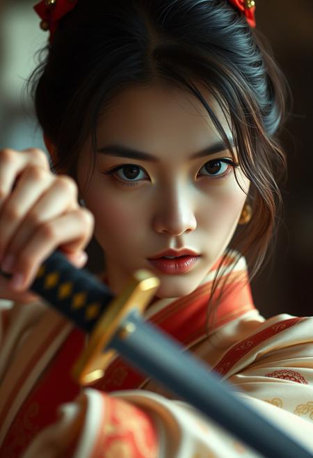 Stunning 35mm photo of a 22 years old Dutch woman,( Soft Lighting Photography by Mimoza Veliu and Mario Giacomelli:1.2), NSFW, by (((Ilya Kuvshinov) and Jessica Rossier) and Phil Noto) and Hisui Sugiura, gold, princess wielding a katana, shallow depth of field, nipples