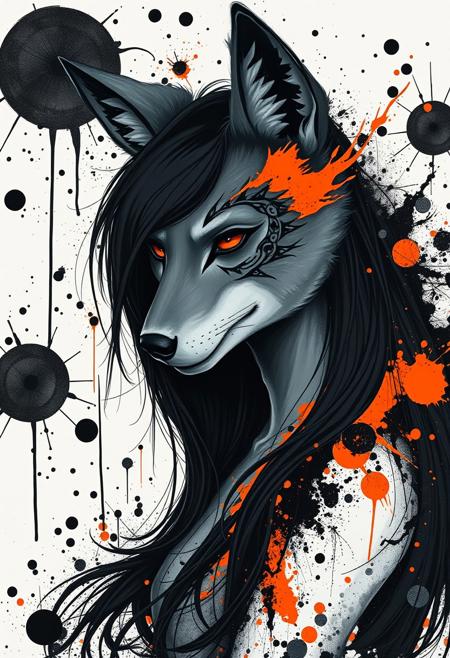 a mesmerizing portrait of a female anthropomorphic wolf figure with a predominantly grey face, creatively adorned with black and orange splatters and intricate patterns. Her dark, cascading long hair blends seamlessly with the abstract, fiery orange and black elements that flows to her shoulder, adding depth and dimension to the piece. The background is a striking blend of white and black, featuring splatters of paint reminiscent of Rorschach inkblots, further enhancing the artwork's eerie and enigmatic appeal. The composition masterfully combines haunting and captivating elements, showcasing the artist's exceptional talent and creativity in this avant-garde anthro art masterpiece.